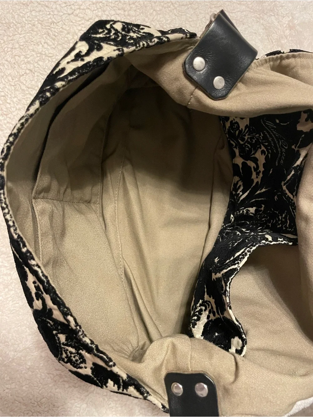 Black & Cream Damask Shoulder Bag with Leather Strap